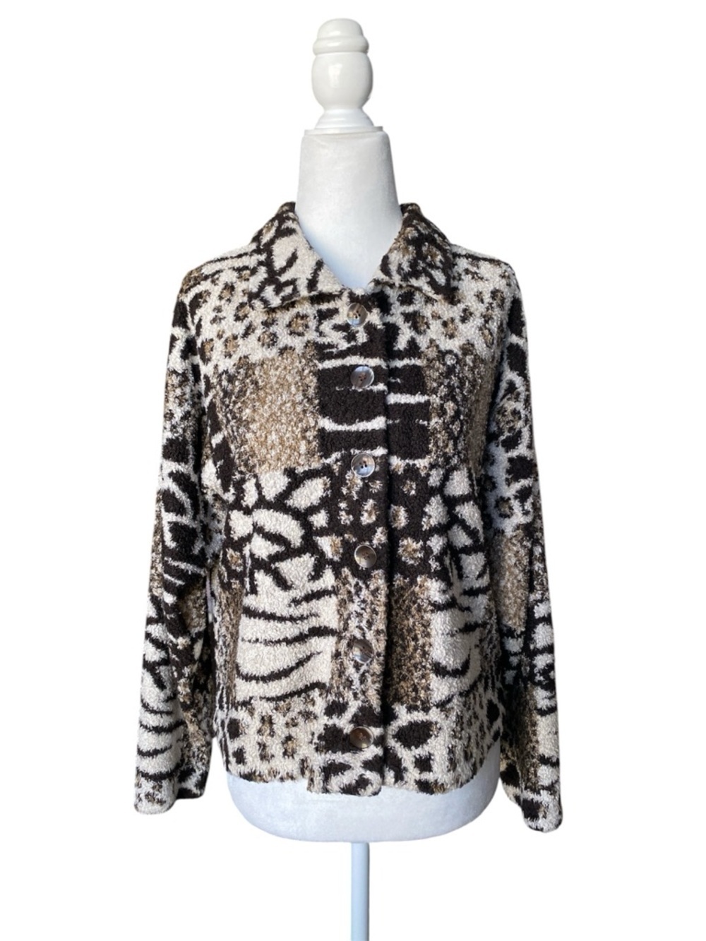 Vintage Caché Button-Front Cozy Jacket in Black, Brown & Cream